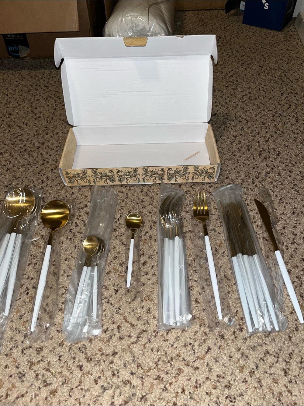 Matte Gold and White Stainless Steel Flatware Set. 24 pieces